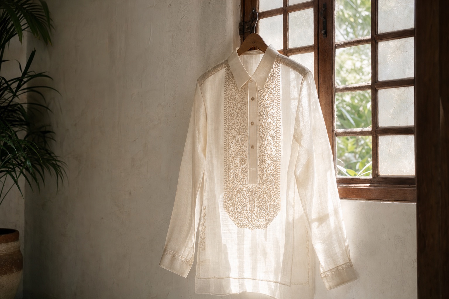 No. 219 — a finished barong in Piña-seda hanging in daylight, its embroidered panel reading as fine shadow.