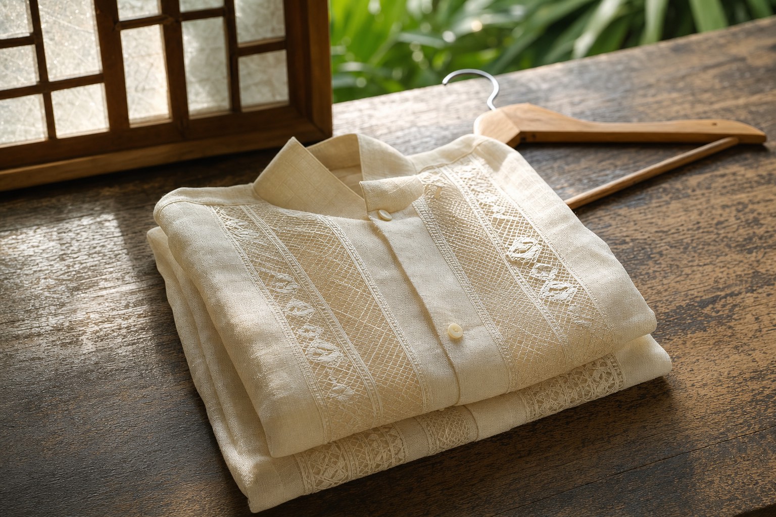 No. 221 — a finished barong in Jusi hanging in daylight, its embroidered panel reading as fine shadow.