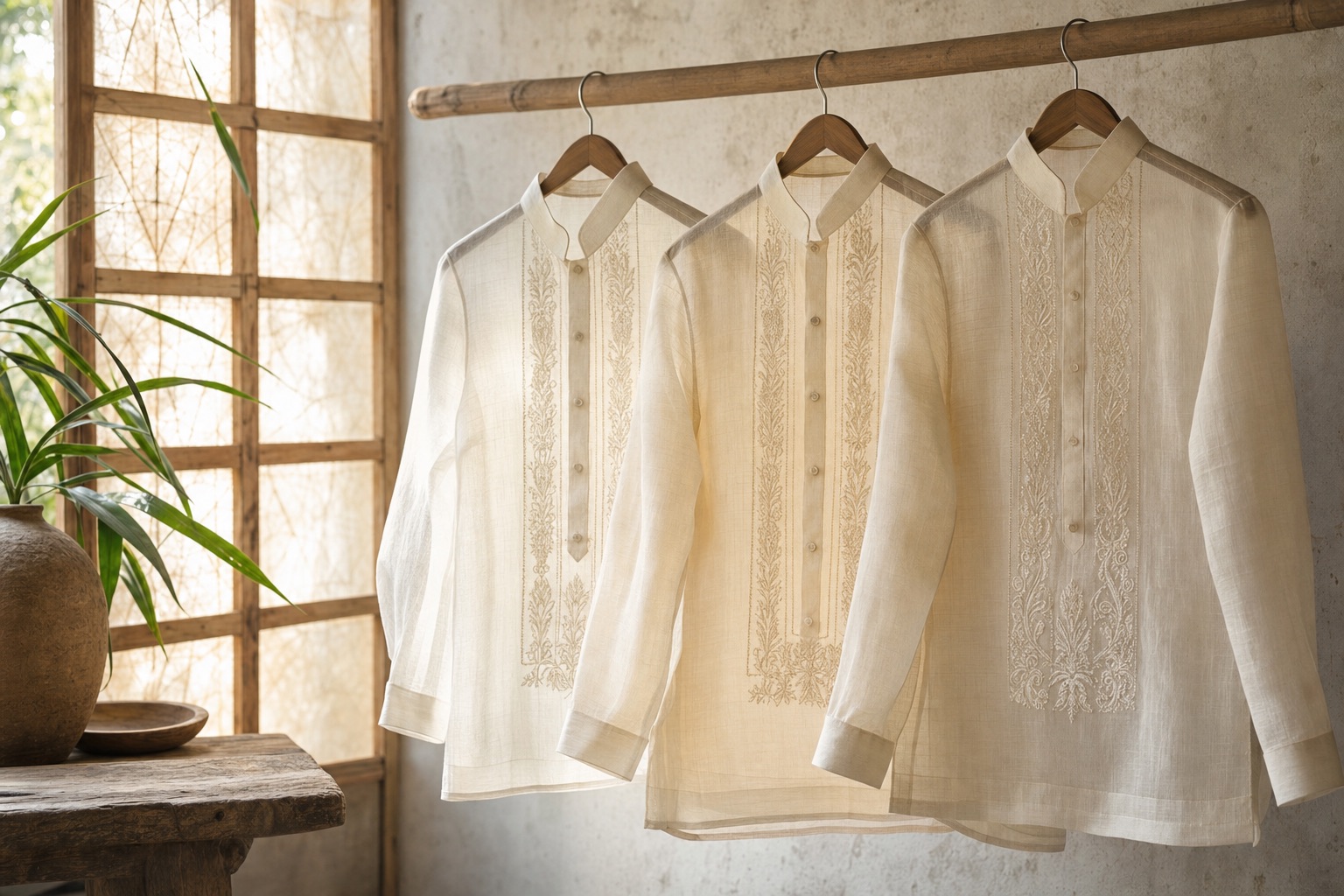 No. 214 — a finished barong in Piña liniwan hanging in daylight, its embroidered panel reading as fine shadow.