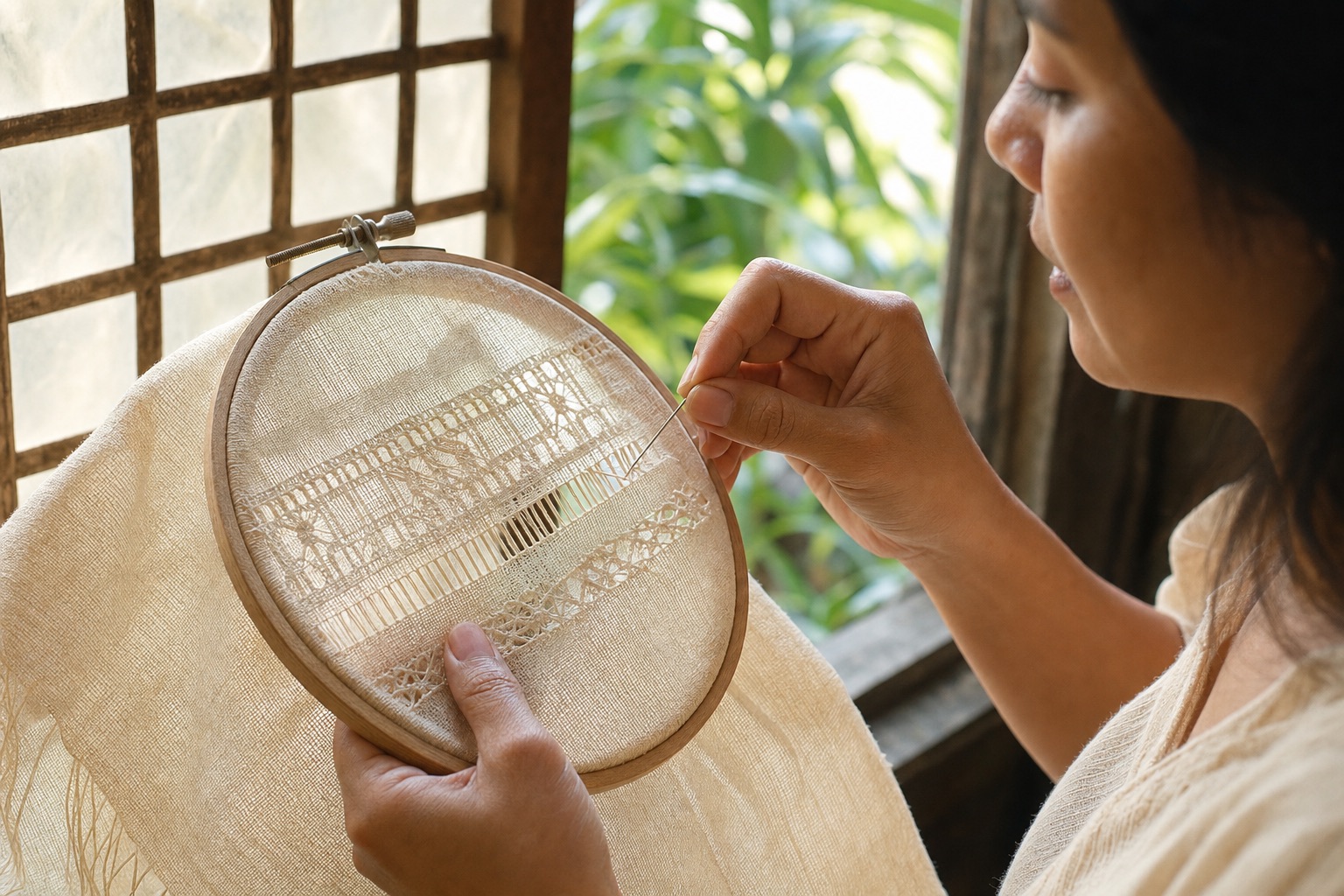 An embroiderer's hands and needle working drawn-thread openwork on sheer cloth stretched in a round wooden frame near a bright window.