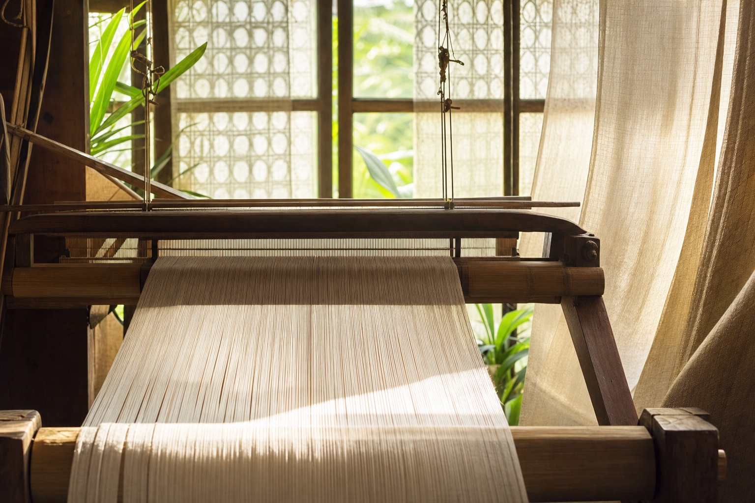 A wooden handloom strung with a warp of pale pineapple fibre, seen against a bright window so the threads glow.