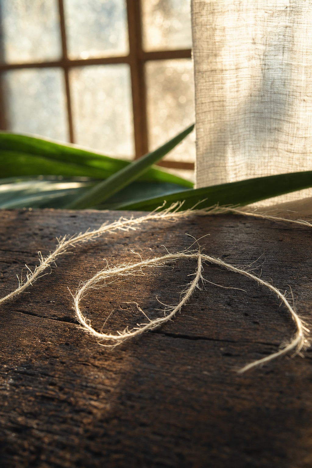 Macro view of hair-fine pale pineapple fibres knotted end to end into a continuous thread on dark hardwood.