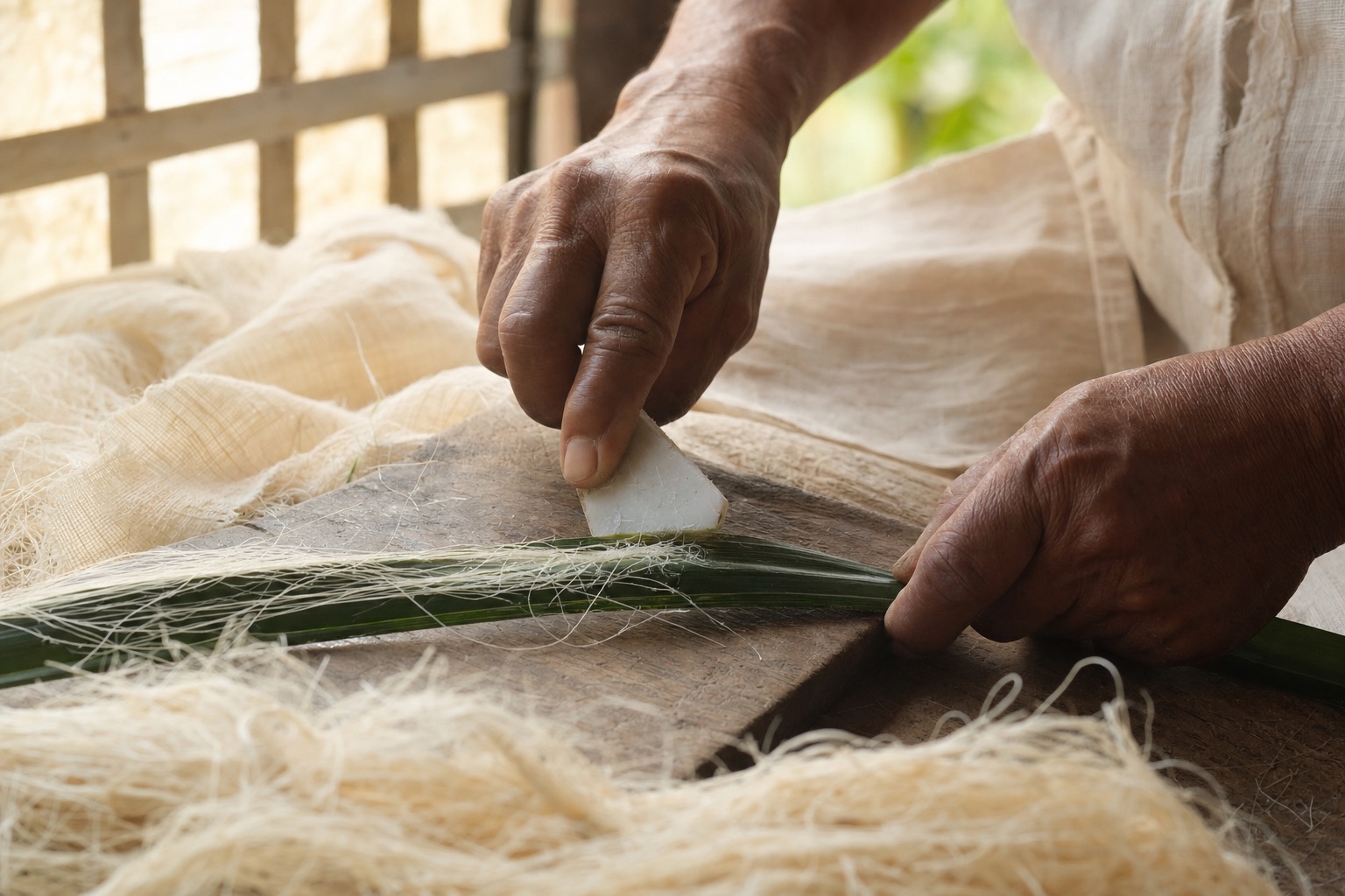 A craftsman's hands drawing a porcelain shard along a green pineapple leaf, separating pale hair-fine fibres.