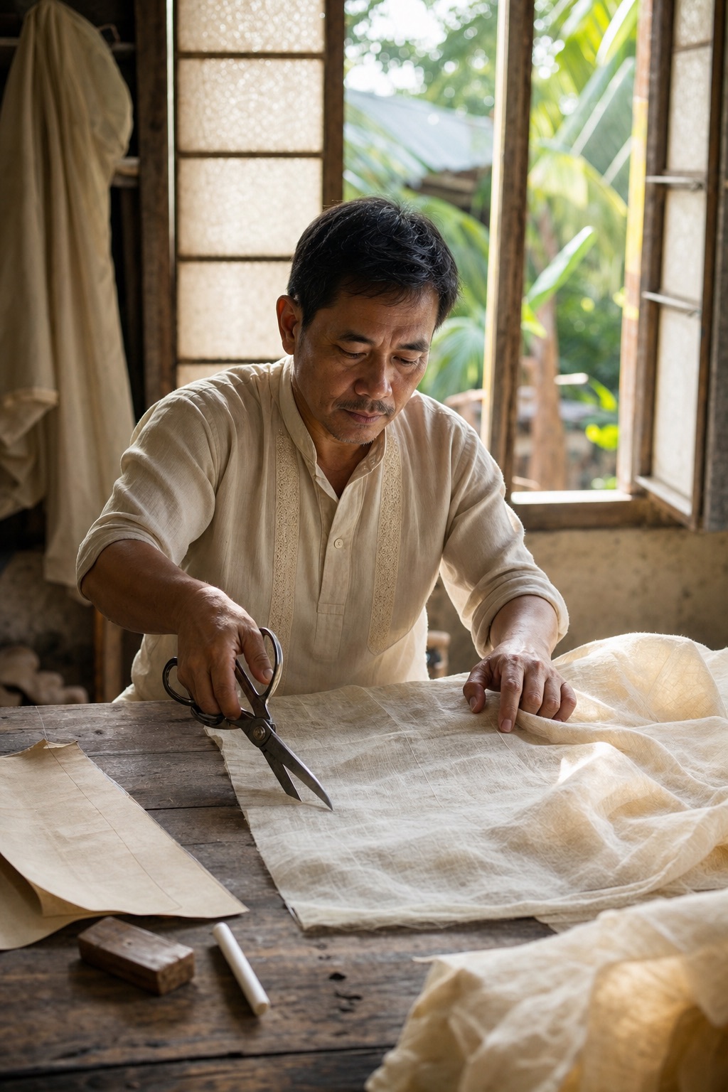 A tailor at a wooden bench with steel shears, laying out a cut panel of sheer cloth beside chalk and a paper pattern, lit by a broad window.