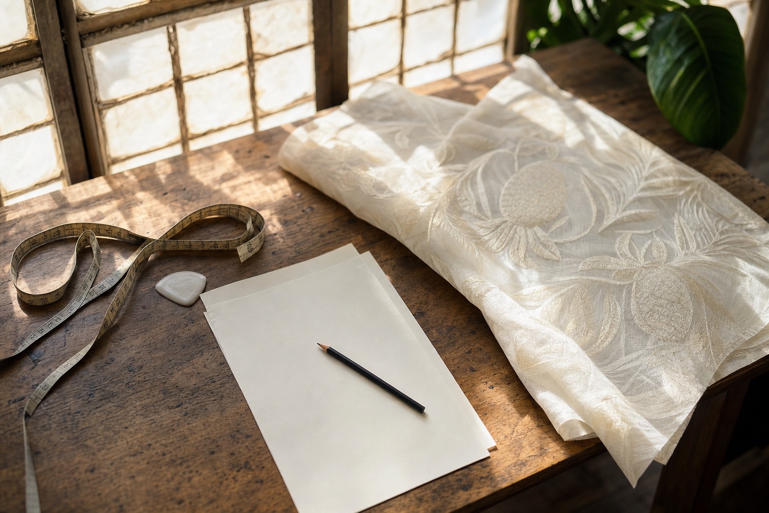 A tailor's worktable seen from above: cloth tape measure, chalk, a folded length of sheer cloth, and a blank spec sheet.